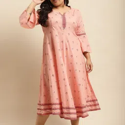 RANGMAYEE Plus Size Peach-Coloured & White Ethnic Motifs Ethnic Maxi Dress-image-14