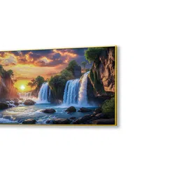 nestroots Gold Canvas Framed Serene Sunset Over Waterfall Bridge Wall Painting image 4