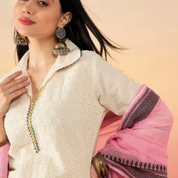 bunaiwala Off White Ethnic Motifs Self Design Thread Work Pure Cotton Pathani Kurta Sets Embroidered Kurta, Dhoti Pant & Dupatta Set image 4