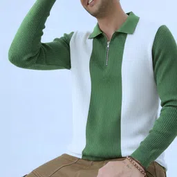 try this Men Colorblock Polo Neck Cotton Blend Light Green T-Shirt image 1