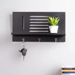 craft tree Mango Wood Balsam Floating Wall Shelf With In Black Colour Key Holder image 1