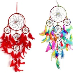ryme Pack Of (2) 5 Ring Red & 5 Ring Multi Dream Catcher Feather Dream Catcher-picture-38