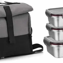 femora High Steel SS304 Rectangle Storage Container Lunch Box with Grey Bag 3 Containers Lunch Box-picture-23