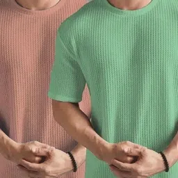 sr fashion Pack of 2 Men Self Design Round Neck Cotton Blend Light Green, Orange T-Shirt-picture-12