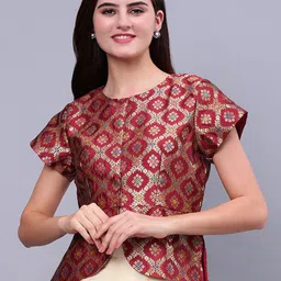 Frolic Rolic Maroon Silk Jacquard Wowen Design Waist Length Ethnic Blouse-image-64