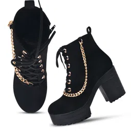 Padchin Women Block Heel Black Boot With Zipper & Lace Up Style Boots For Women image 2