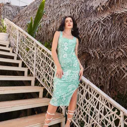 purvaja Women Bodycon Light Green Midi/Calf Length Dress image 4