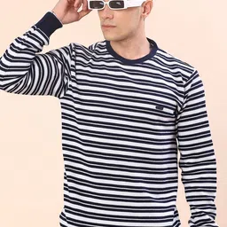v-mart Men Striped Round Neck Blue Sweater image 1