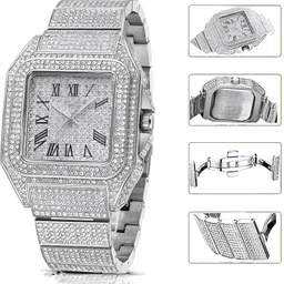agg traders new trending mens ice out diamond studded square dial stainless steel chain Analog Watch - For Men AT05 image 3