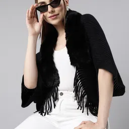 SHOWOFF Self Design Shawl Collar Fringed Detail Acrylic Poncho-picture-28