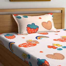 arrabi Multicolor Cartoon Printed 300 TC Cotton Blend Single Bedsheet with 1 Pillow Cover image 2