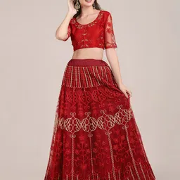 Warthy Ent Maroon & Gold-Toned Embroidered Semi-Stitched Lehenga & Unstitched Blouse With Dupatta image 5