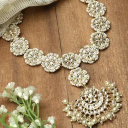 ZENEME Gold-Plated Crescent Shaped Kundan-Studded & Beaded Sheeshphool image 1