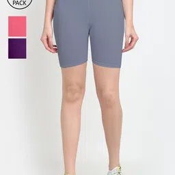 GRACIT Women Grey Cotton Pack of 3 Cycling Sports Shorts-image-38
