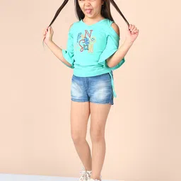 Naughty Ninos Girls Blue & Red Self Design Pure Cotton Top with Shorts-picture-33