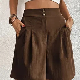 kpop Brown Solid High-Rise Regular Fit Shorts-picture-42