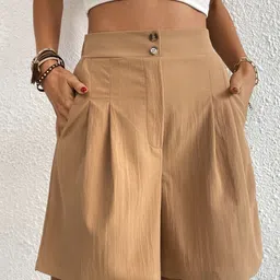 kpop Beige Solid High-Rise Regular Fit Shorts-picture-13