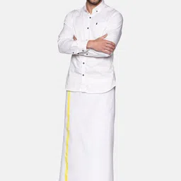 Sethukrishna Men White & Yellow Solid Cotton Mundu image 4