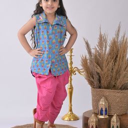 here&now x kinder kids Kinder Kids Girls Floral Printed Shirt Collar Sleeveless Pure Cotton Kurti & Dhoti Pants-picture-19