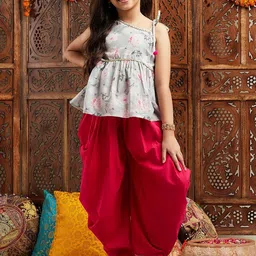 pspeaches ROJAA Girls Grey & Red Floral Printed Gotta Patti A-Line Kurti with Dhoti Pants-picture-14