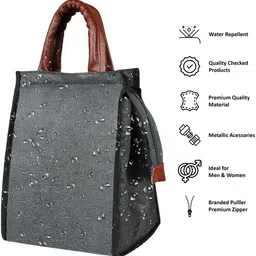 kavrixa Grey-Tan Faux Leather & Linen PVC Cotted Fabric Tiffin + Picnic bag KX-TB08 Lunch Bag image 4