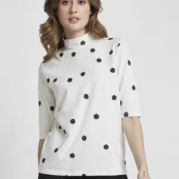 spykar Women Printed High Neck Cotton Blend White T-Shirt-picture-12