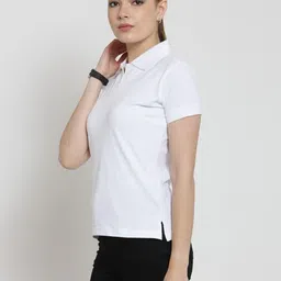 scott international Women Solid Polo Neck Pure Cotton White T-Shirt image 3