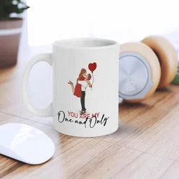 ecraftindia Valentine Combo of Colorful You Are My One And Only Boy Holding Girl Up With Balloon Print Cushion & Mug Gift Set image 4