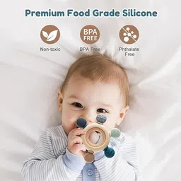 msnb Baby Teether | Silicone Teething Ring | Wooden Grip for Easy Hold Teether image 2