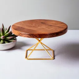 decorcave Wooden Cake Stand with Golden Metal Base for Party & Home Décor Iron Fruit & Vegetable Basket-picture-17