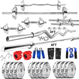ymd 20 kg Steel Plates (2.5KGX4, 5KGX2) 3FT Curl & 4FT Straight 28mm Rods With Clamp Home Gym Combo image 1