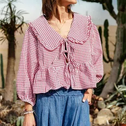 quintessentials Casual Puff Sleeves Checkered Women Red, White Top image 4