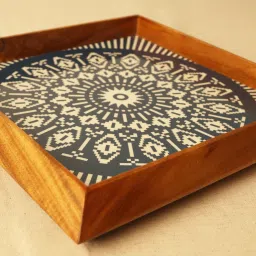 bambaise Blue Teak Wood Square Tray with Mandala Art image 5