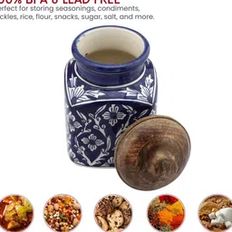 vareesha Hand Painted Blue Mughal Airtight Ceramic Jar with Wooden Lid - 1000 gms image 3