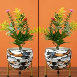 Combo White Iron Flower Pot With Multicolour Stone Design & Stand Plant Container Set-image-58