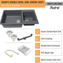 ruhe Premium 12mm Thick Quartz Double Bowl Kitchen Sink (34 x 20 x 9 Inches) Natural Smoke Grey Granite Stone Matt Finish Drop-In Double Bowl Sink Vessel Sink image 5