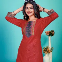 udanienterprise Casual Regular Sleeves Self Design Women Red Top image 5