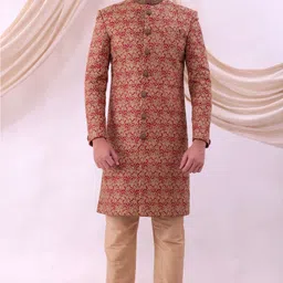 Pooja Ethnic Pooja Ethnic Men's Red Silk Sherwani with Pant PE9027 Solid Sherwani image 4