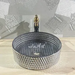 inart Moduler Crystal Glass Wash Basin/Glossy Finish/Vessel Sink/ Wash Basin For Bathroom 395x395x120 mm Black Silver Color Table Top Basin image 4