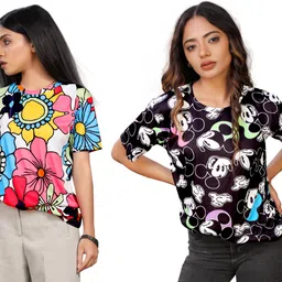 shriez Pack of 2 Women Floral Print, Printed Round Neck Polyester Multicolor T-Shirt-picture-15