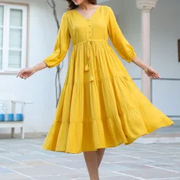 janasya Women Tiered Yellow Midi/Calf Length Dress image 1