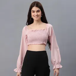 pretty loving thing Casual Puff Sleeves Embellished Women Pink Top-picture-28