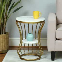 casacraft from pepperfry Mette White Porcelain Top End Table With Gold Finish image 1