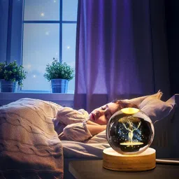 dizaa 3D Deer Crystal Ball Night Light,Glass Ball Night Lamp with Woodern Base Table Lamp image 5