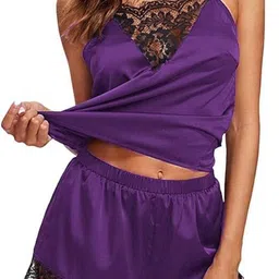 Women Night Suit Set Purple Self Design-image-3