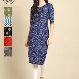 7Threads Women Pack of 6 Digital Printed Crepe Straight Kurtas image 1