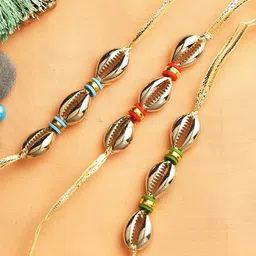 Aapno Rajasthan Set of 3 Golden Shell Beaded Rakhi with Roli Chawal & Greetings Card-picture-24