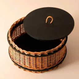 peepul tree Rustic Charm Wicker & Wood Storage Box With Lid in Nat-Brown and Black | Handcrafted from Willow Wicker and Wood image 2