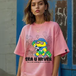 bewakoof Oversized Women Graphic Print Round Neck Pure Cotton Pink T-Shirt-picture-16