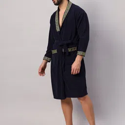 LacyLook Men Navy Blue & Yellow Embroidered Water Absorbent Bathrobe image 3